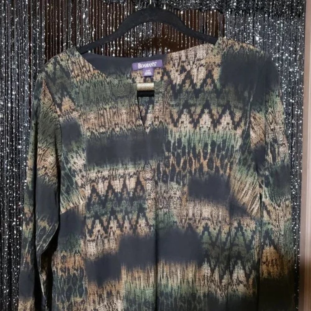 Roaman"s Safari Green Multi Jungle Shift Dress - Picture 4 of 8